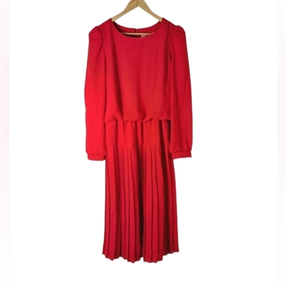 Vintage 1970s Cami Red Long Sleeves Drop-waist Pleated Midi Dress Womens Size 10 - Picture 5 of 15